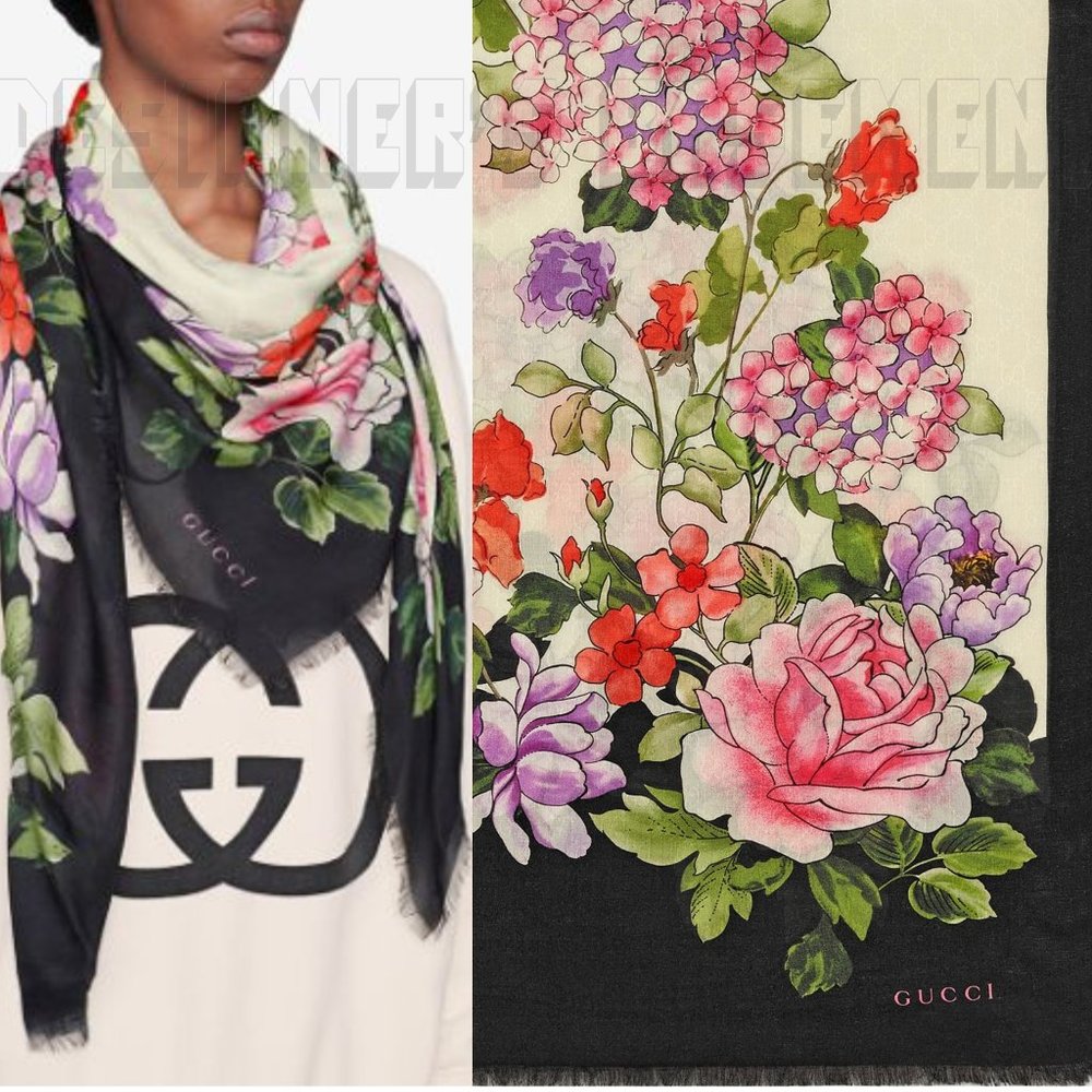 GUCCI ivory Interlocking G black border RISING FLOWERS 55" modal/silk pashmina🎁